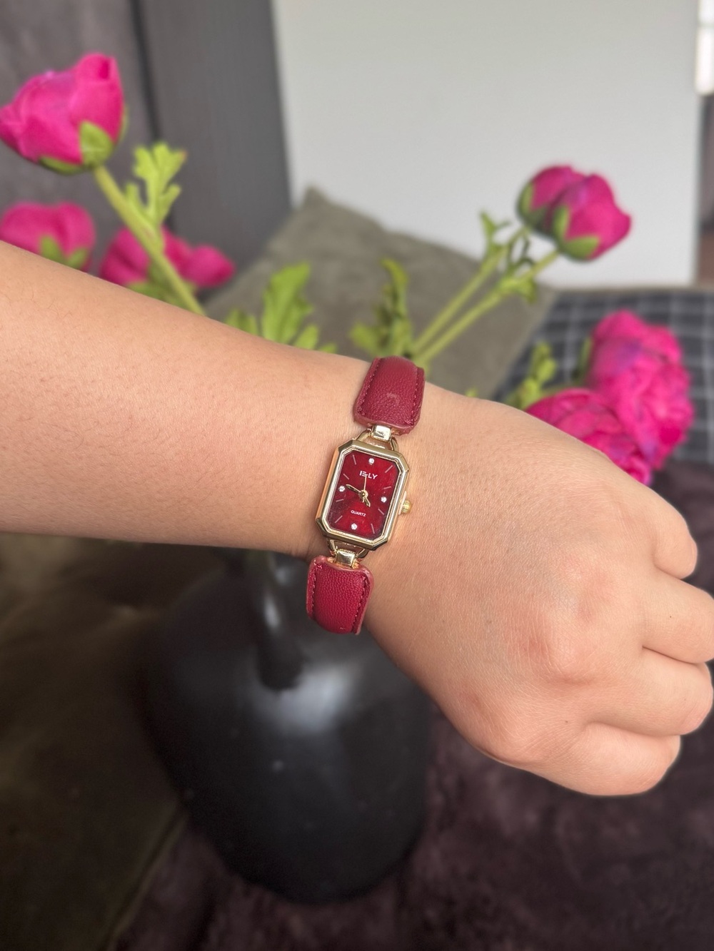 Red Leather Strap Gold-Tone Watch